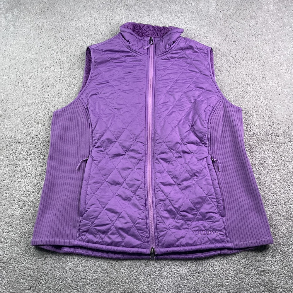 LL Bean Vest Womens 1X Purple‎ Quilted Sherpa Fleece Lined Full Zip Knit Panels